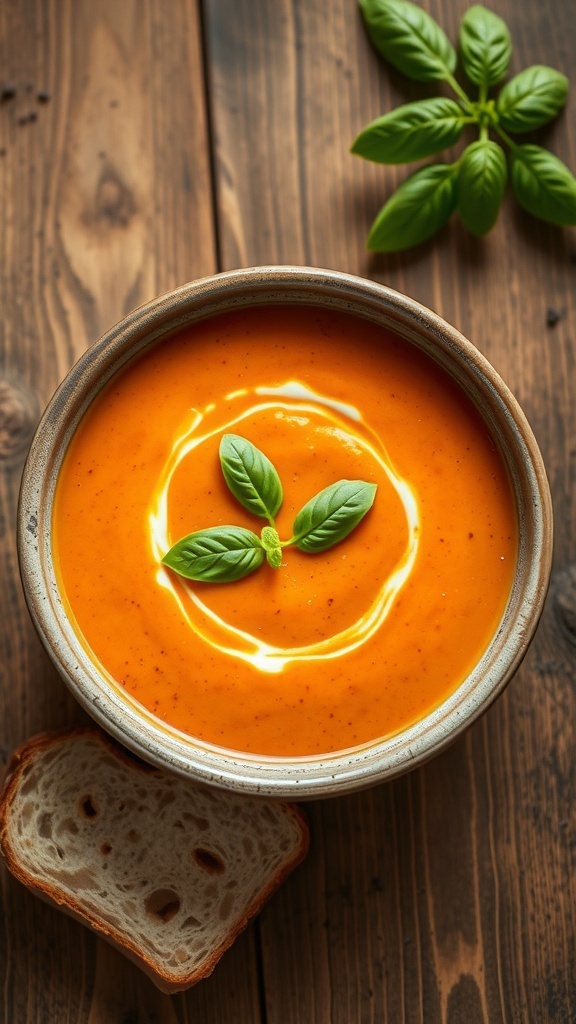 A bowl of creamy roasted red pepper soup garnished with basil, served with crusty bread.